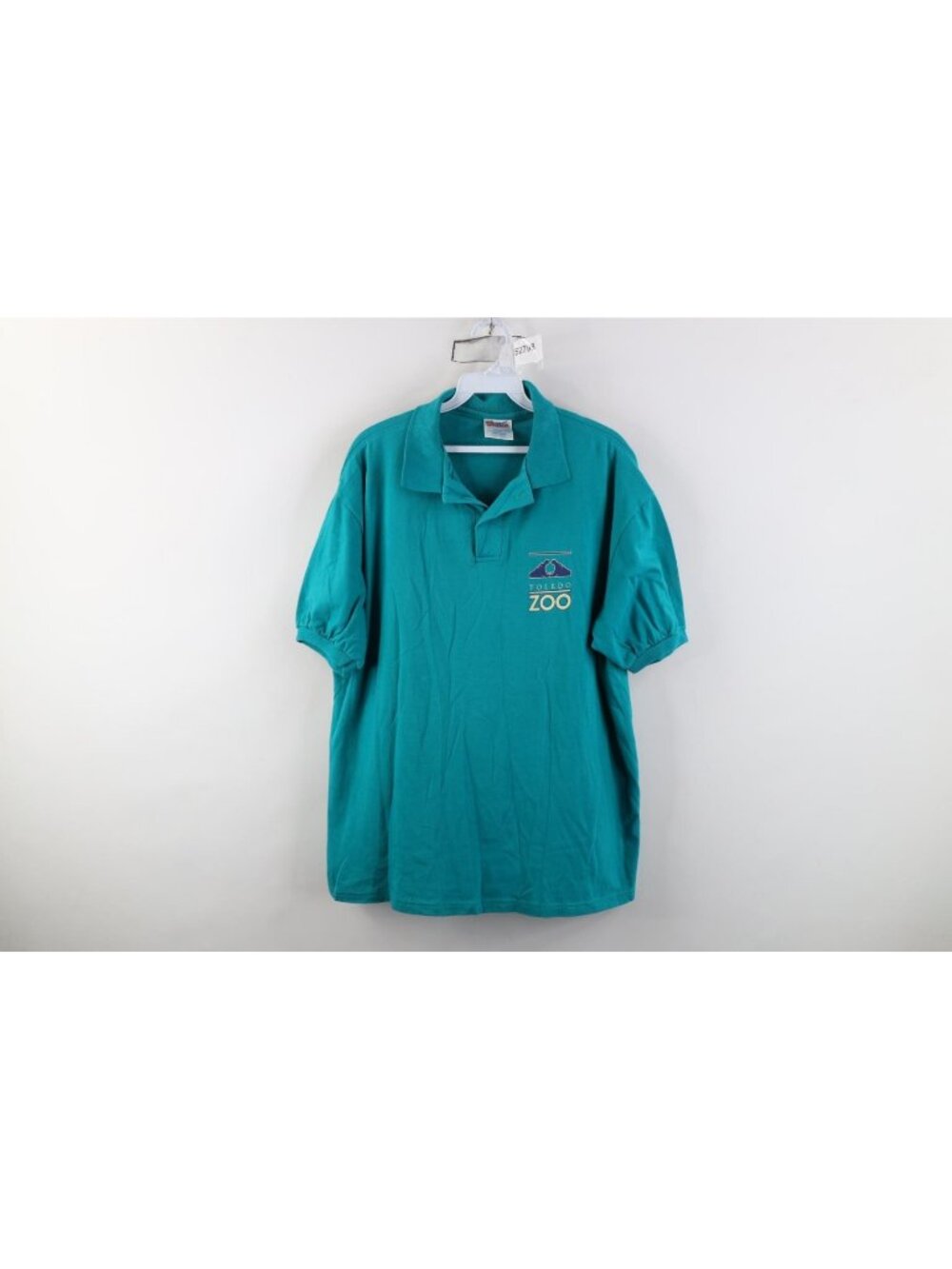 Vtg 90s Mens Large Spell Out Toledo Zoo Ohio Collared Golf Polo Shirt Teal USA